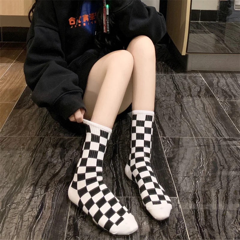 Harajuku Knee High Socks Gothic Lolita Novelty Checkerboard Nylons Woman High Stocking Chausette Femme
