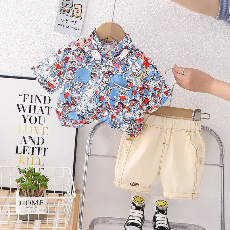 

Комплект летней одежды для маленьких мальчиков, рубашка и шорты с коротким рукавом и мультяшным рисунком, комплект одежды из двух предметов для маленьких мальчиков, детские костюмы, 2023