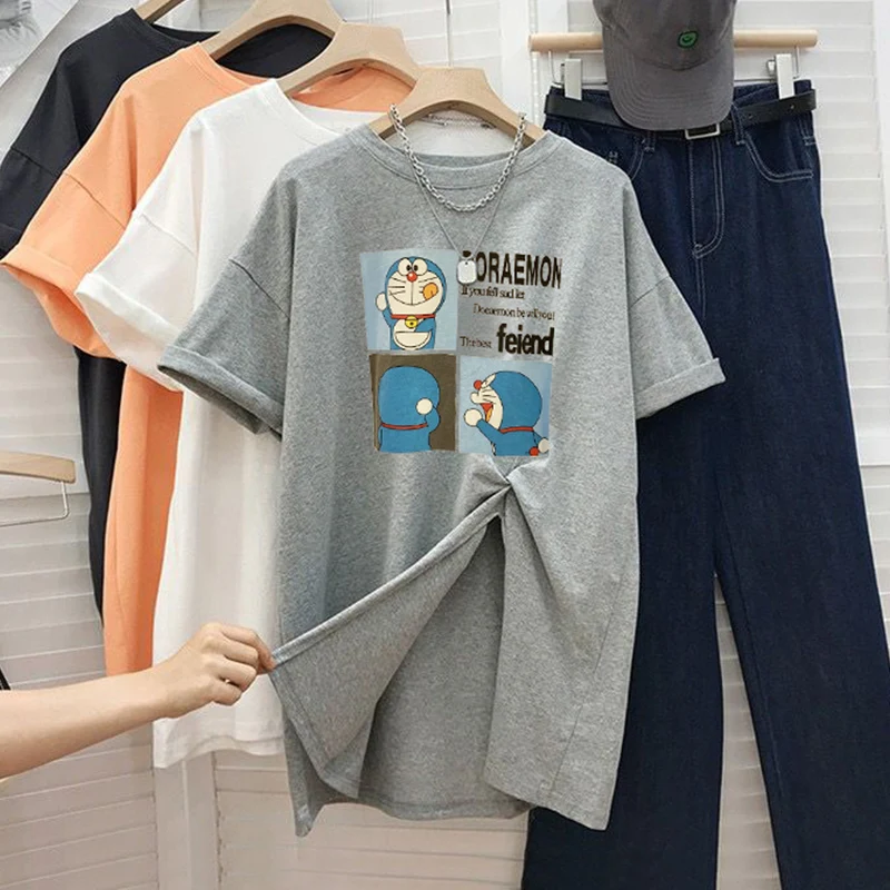 

Japanese Cartoon Print T Shirt for Women Summer Cotton side slit soft T-shirt oversized kawaii Clothes Pullovers white gray Tops