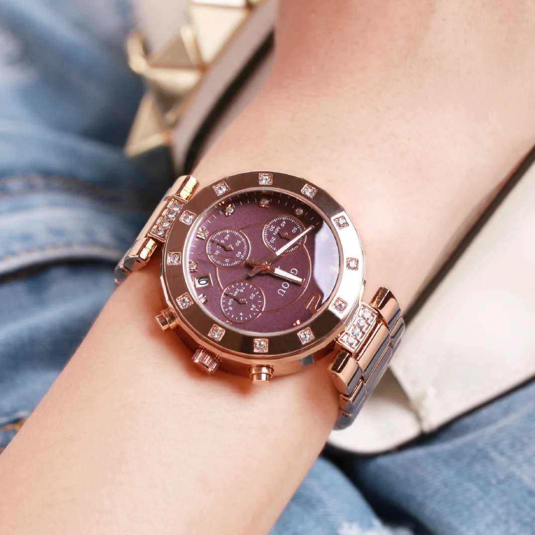 

Guou Fashion Top Brand Luxury Rose Gold Steel Women's Watches Ladies Watch Calendar Clock Real 3 Eyes Relogio Feminino Saat