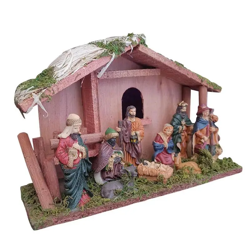 

Resin Jesus Nativity Scene Art Statue Figurines Set For Home Office Tabletop Decor With LED Lights Christmas Ornament Kid Gifts