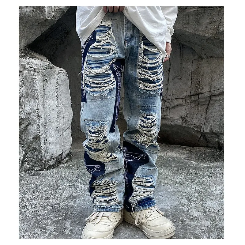 Ripped Jeans Baggy Men Print Harajuku Pants Slim Trendyol Men's Fashion Hip Hop Trousers Y2k Man Grunge Streetwear Stacked