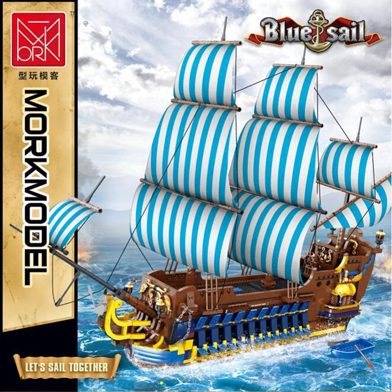 

MORK 031011 Blue Sail Pirate Ship MOC New Ideas 3265pcs Building Blocks Model Bricks Educational Toys Sailboat for Children Gift