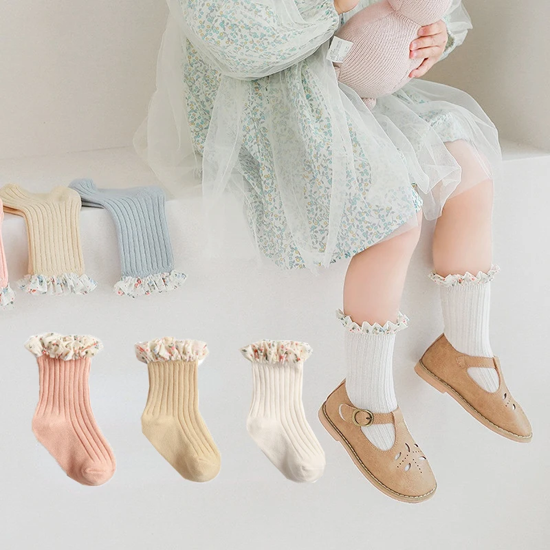 

Toddlers Girls Cotton Socks Chiffon Floral Princess Lace Mid Tube Socks Socks & Leggings Children Socks for 0-8 Years