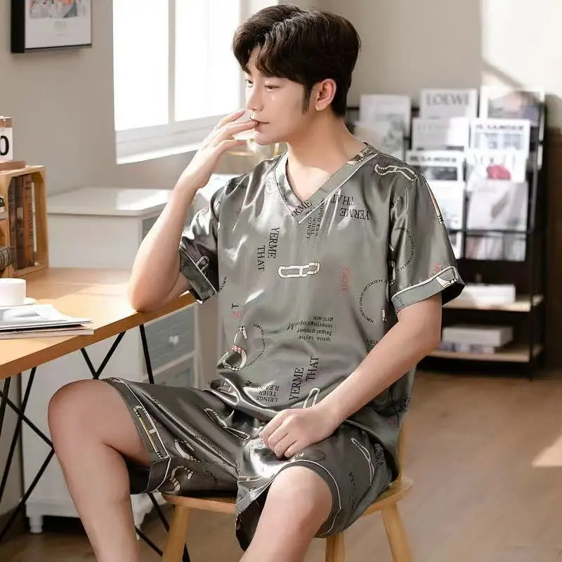 Ice Silk Pajamas Set V-neck Pullover Summer Short-sleeved Thin Silk Pajamas for Men Casual Large Size Homewear Suit Sleepwear