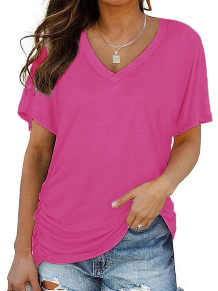 Женская модная футболка пуловер летние однотонные футболки с коротким рукавом и