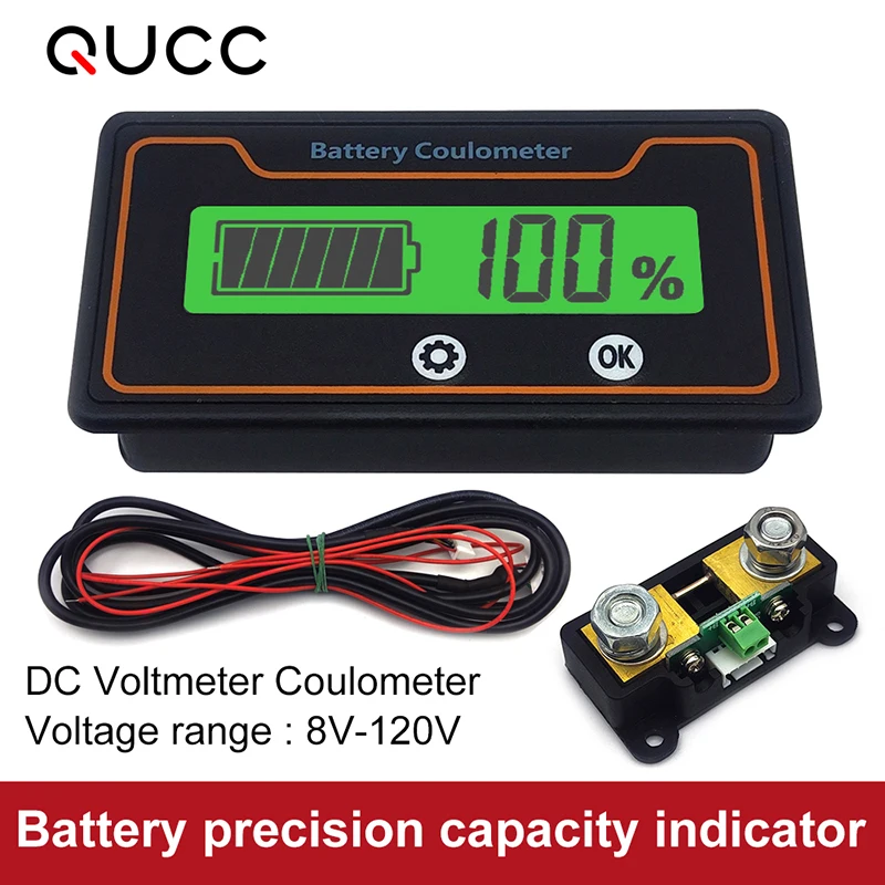 

Qucc 2 in 1 Battery Capacity Indicator 8V-120V Voltmeter Coulometer Lead Acid Lithium LiFePO4 Display Meter 12V 24V 36V 48V 60V
