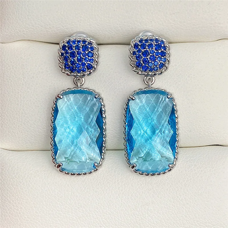 

TOBILO Luxury Blue CZ Dangle Earrings Geometric Shaped Big Stone Unique Women's Earrings for Party Unique Wedding Trendy Jewelry
