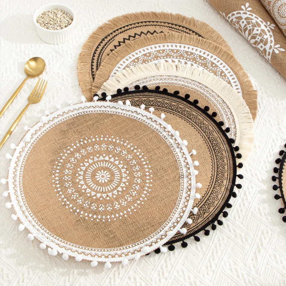 

Ins Weave Linen Printed Table Placemat Cotton Linen Mat Dining Insulation Pad Cloth Dish Cup Waterproof Coaster Kitchen Decora