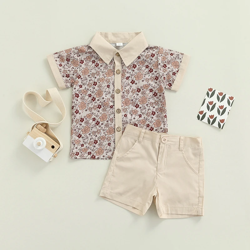 

2 Pieces Kids Suit Set, Floral Print Turn-Down Collar Short Sleeve Shirt+ Solid Color Shorts for Boys, 6 Months-4 Years