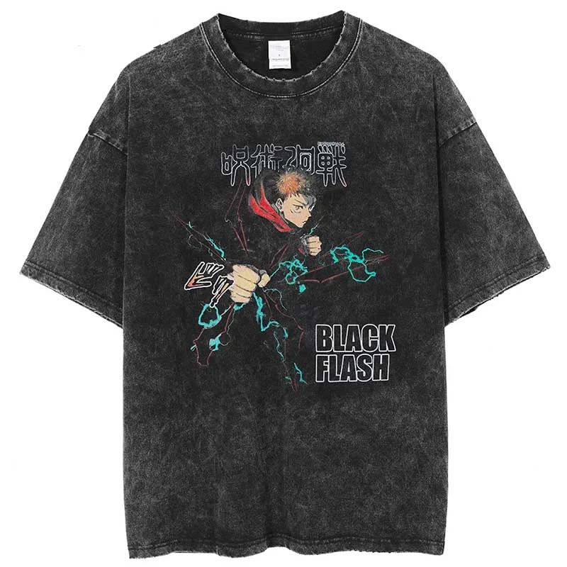 

Футболка мужская в стиле Харадзюку, уличная одежда в стиле хип-хоп, с принтом аниме ююютсу кайсен, промытая хлопковая Повседневная рубашка с...