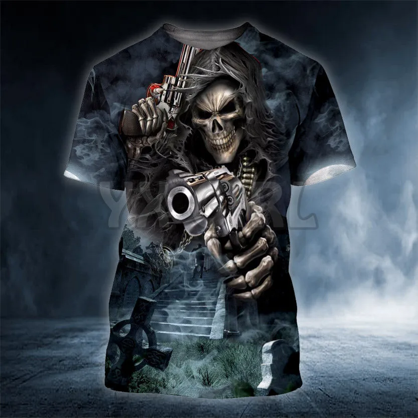 

2022 летние футболки с 3D-принтом убийц Грим жнец с пистолетом череп футболки топы рубашки унисекс футболка