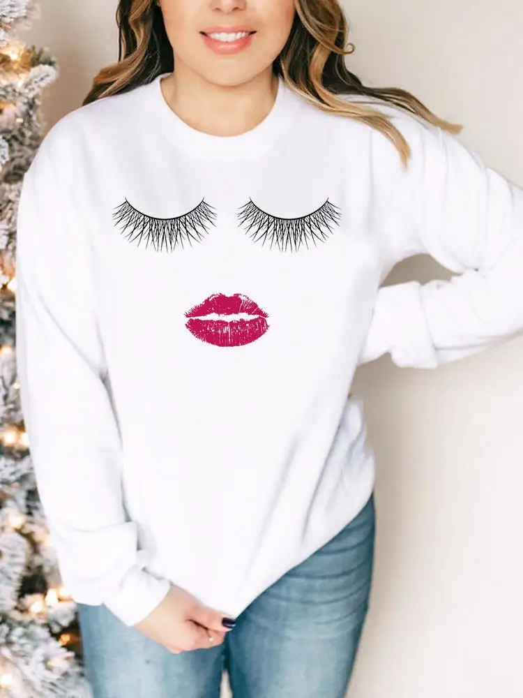 

Face Funny Lip Eye Lashes Sweatshirts Woman Fall Autumn Lady Casual Graphic Pullovers Women Spring Print Hoodies Female Clothing