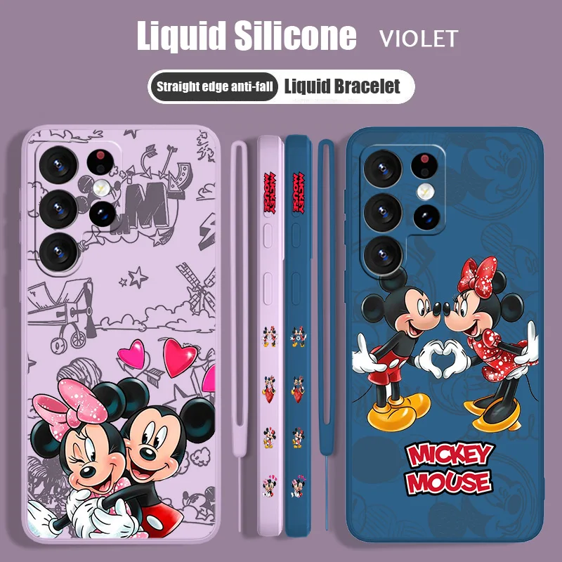 

Disney Mickey Mouse couple Phone Case For Samsung S23 S22 S21 S20 Fe S10 Note 20 10 Ultra Lite Plus Liquid Left Rope Cover