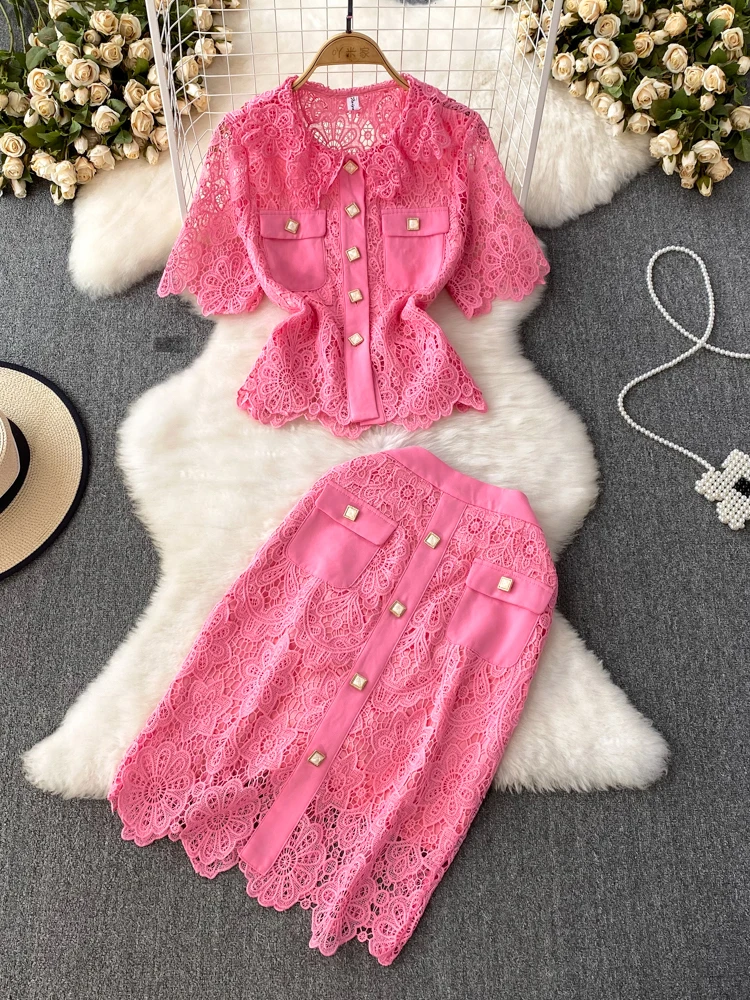 

HIGH STREET Newest 2023 Designer Runway Suit Set Women's Lapel Single Breasted Hollowed Out Lace Shirt High Waisted Skirt Set