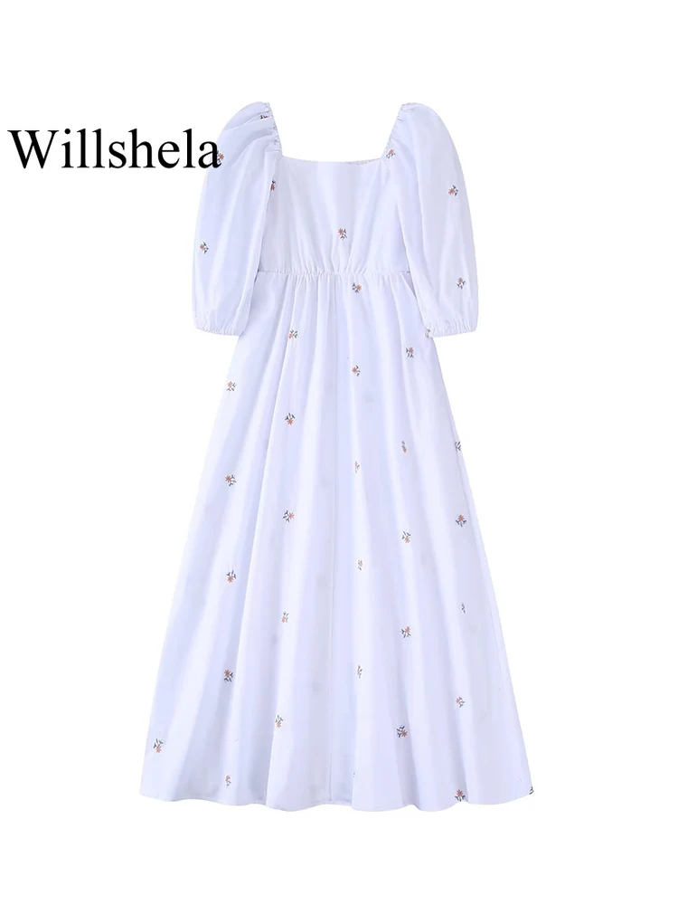 

Willshela Women Fashion Printed Embroidery Midi Dress Vintage Square Collar Half Puff Sleeves Female Chic Lady Dresses