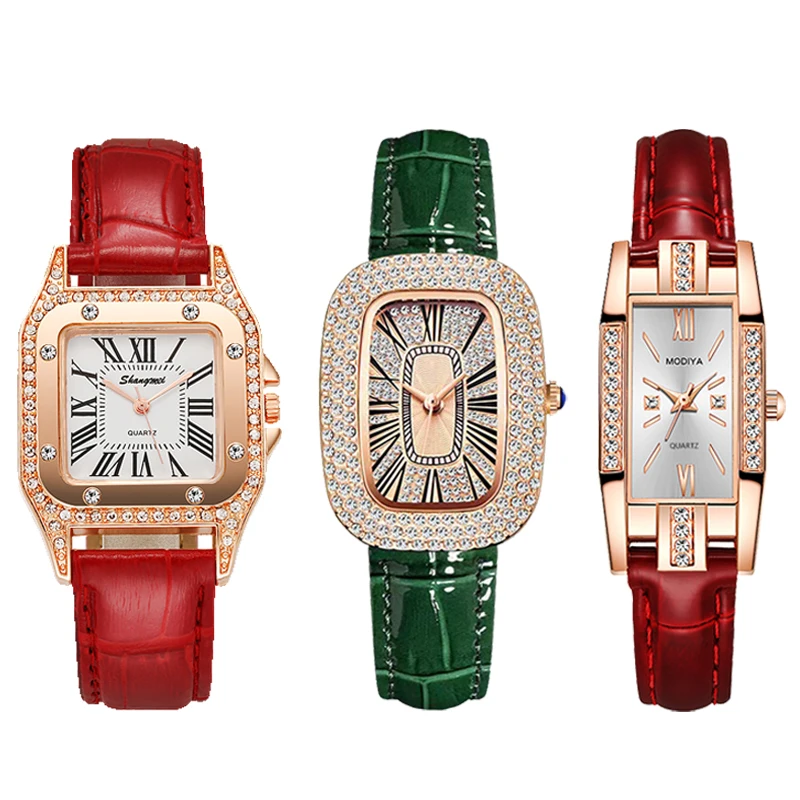 

2023 Luxury Fashion Green Watches Women Qualities Diamond Studded Quartz Watch Ladies Leather Wristwatches Elegant Montre Femme