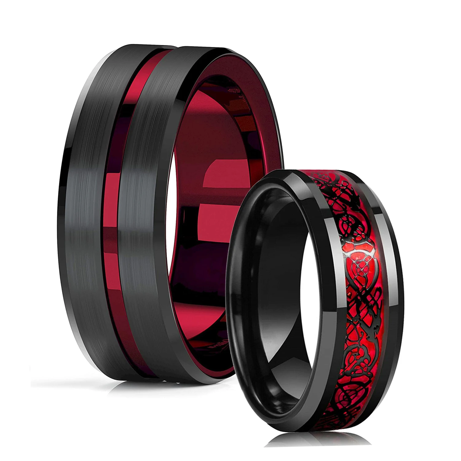 

Fashion 8mm Red Groove Beveled Edge Black Tungsten Wedding Rings For Men Cool Black Celtic Dragon Inlay Red Carbon Fiber Ring