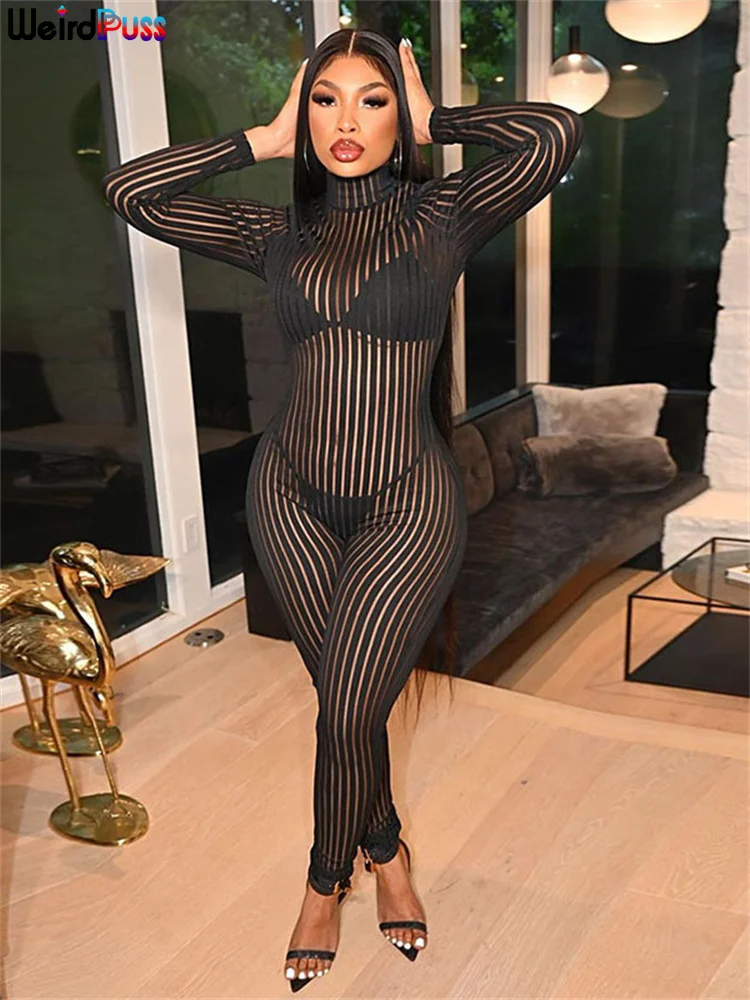 

Weird Puss 2023 New Mesh Skinny Women Jumpsuit Sexy Fitness Activewear Long Sleeve Autumn Party Club Stretch Zip Bodycon Outfits