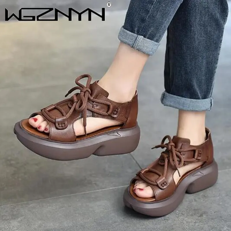 

Сандалии женские из натуральной кожи, босоножки на плоской платформе, без застежки, обувь ручной работы в ретро стиле, лето 2022