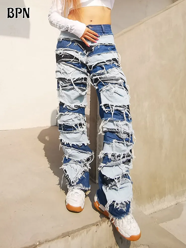 

BPN Лоскутные Джинсовые Брюки Для Женщин с высокой талией свободные Цветные Сращенные уличные джинсы с одной пуговицей и широкими штанинами женская мода