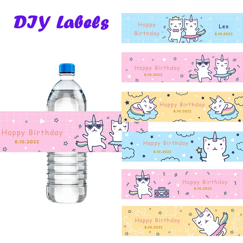 

30 шт. пользовательские этикетки для бутылок с водой, этикетки с рисунком танцующих единорогов, кошек, этикетки «сделай сам» для дня рождения...