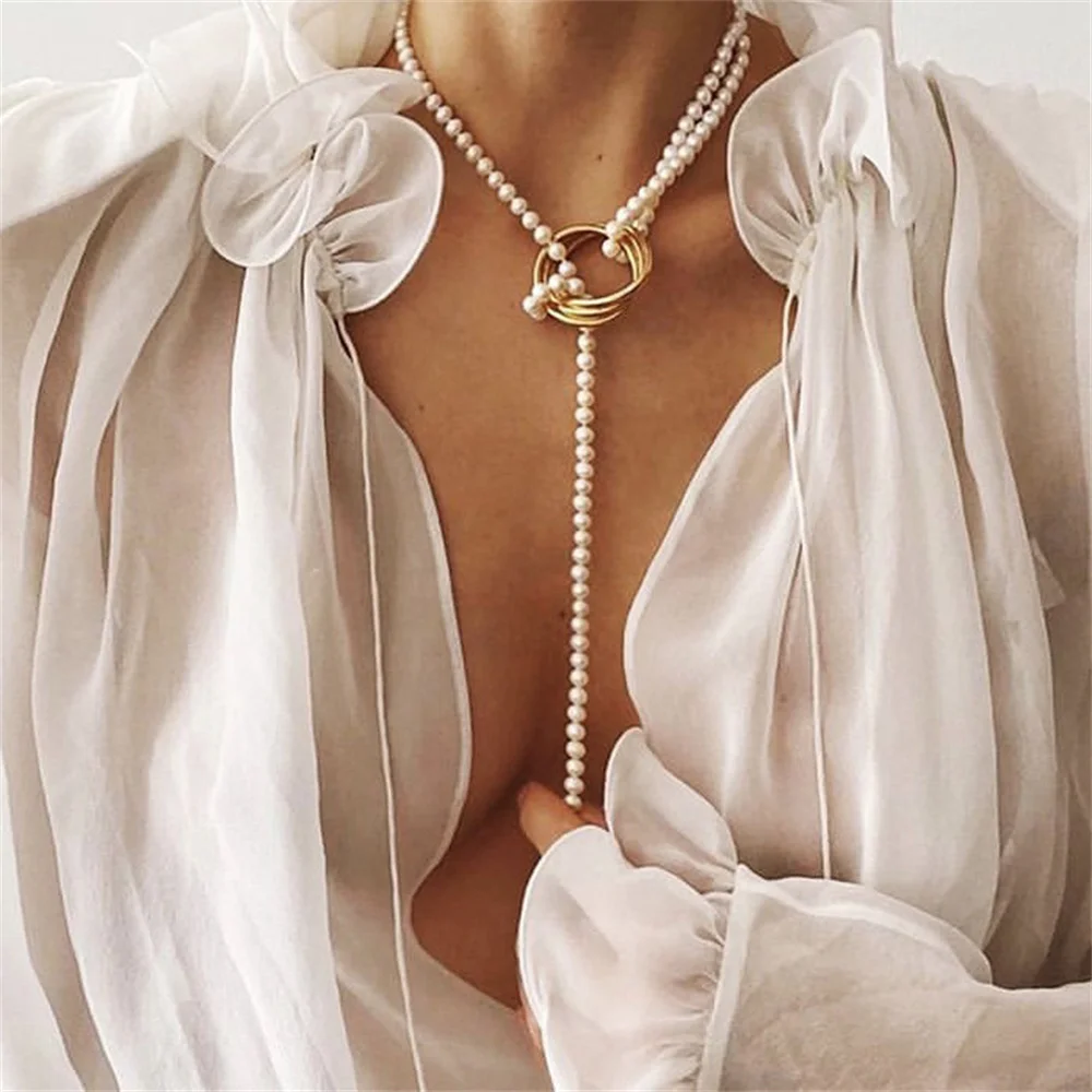 

Vintage pearl necklace geometric metal pearl pendant personalized collarbone chain sweater chain women's fashion jewelry gift
