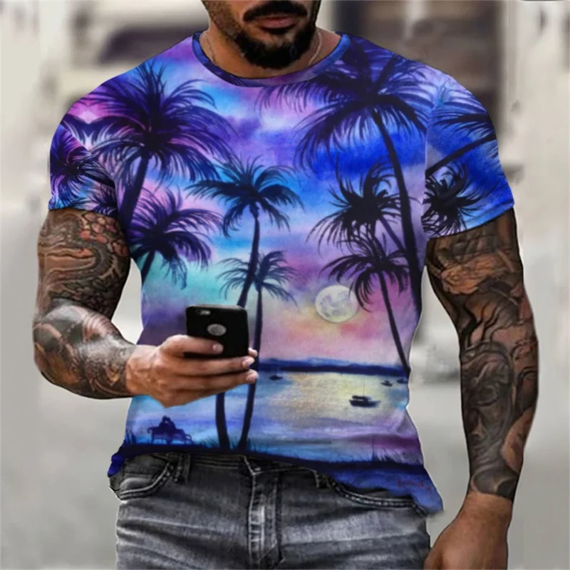 

Coconut Tree T-Shirt Men Hawaiian T Shirt 3D Digital Printed Tshirt Floral Tropical Lapel Beach Casual Loose Top Men's Clothing