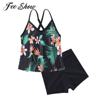 summer girls 2pcs swimsuit kids two pieces swimwear sleeveless floral print camisole with shorts tankini swimming suit beachwear