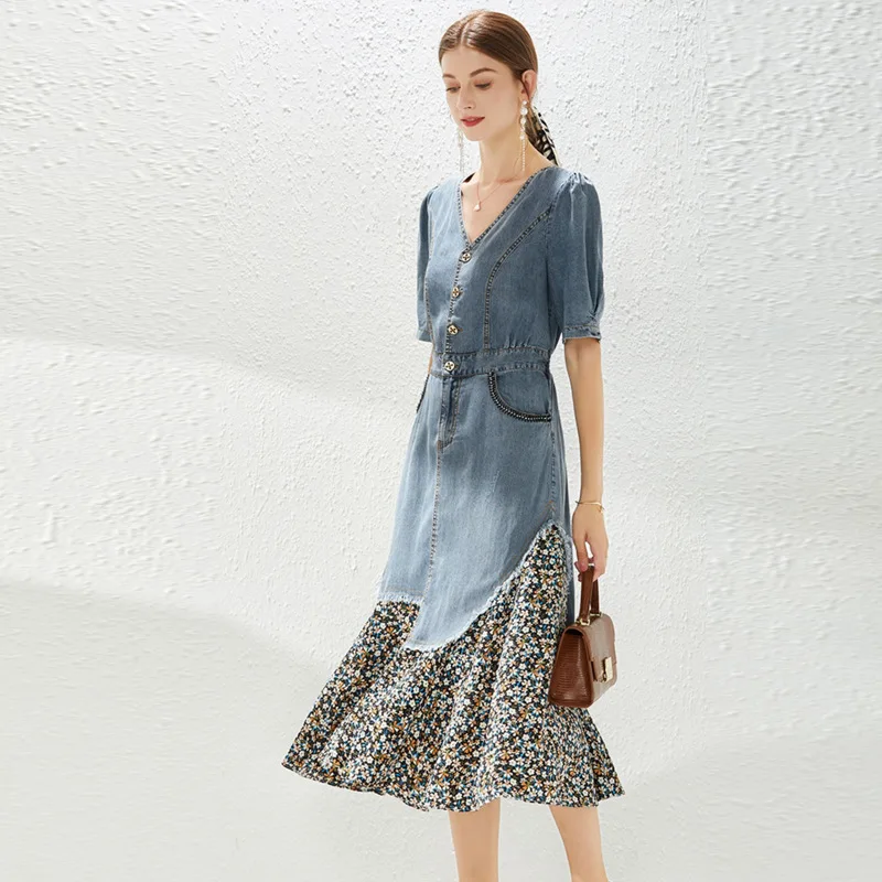 

2022 Summer New Fashion Women V Neck Short Sleeve Irregular Chiffon Floral Stitching Denim Ruffled Dress Casual Vestidos