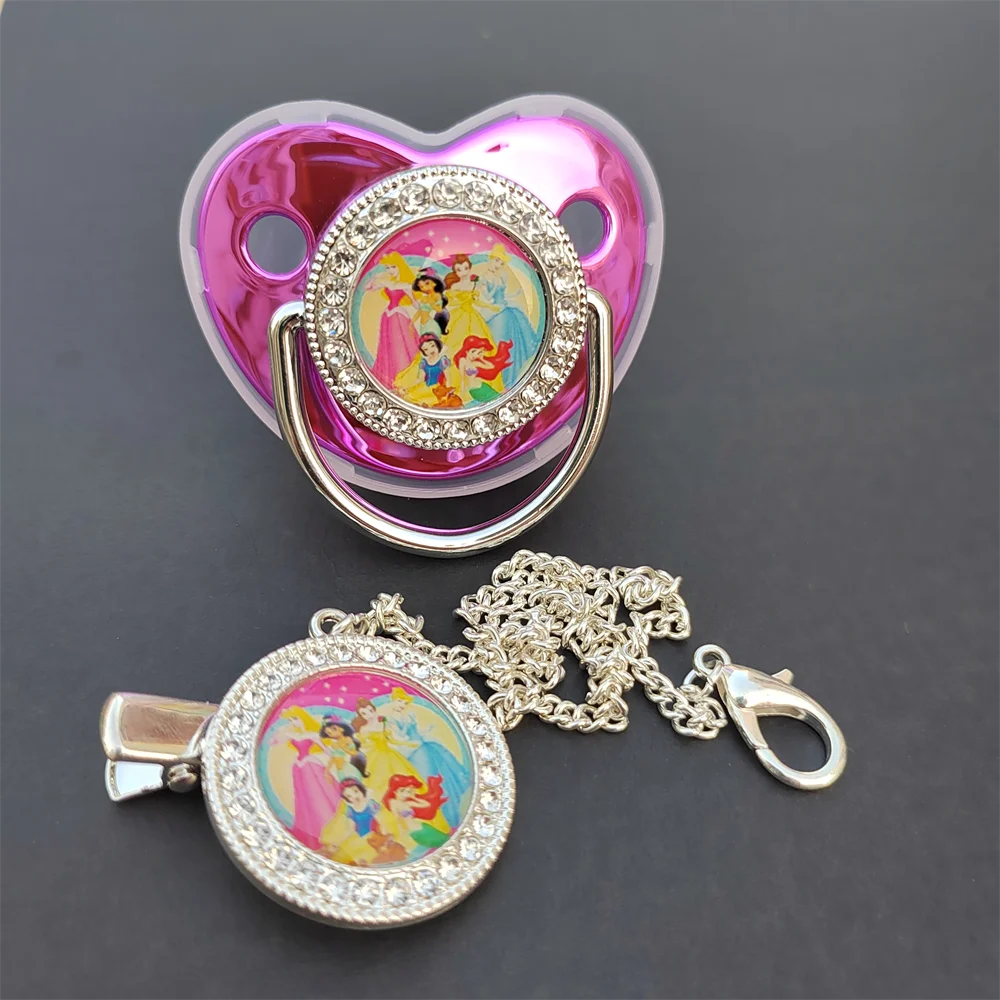

[1set]Luxury Disney Princesses Printed Image Baby Pacifier with Clip BPA Free Grade Silicone Infant Dummy Soother Christmas Gift
