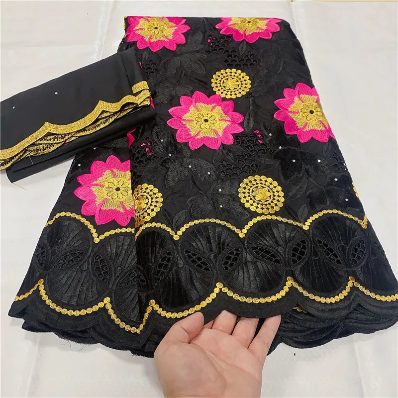 

5+2 Yard cotton Fabric with scarf Latest Heavy Beaded Embroidery African Swiss Voile Popular Dubai Style For Party Wedding 3L54