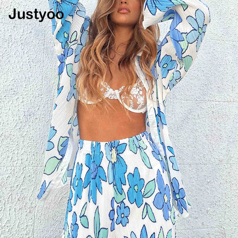 

Women Lapel Blue Floral Print Shirt+Pants Suits 2022 Spring Loose Casual Top High Waist Elastic Pants Office Lady Two Piece Sets