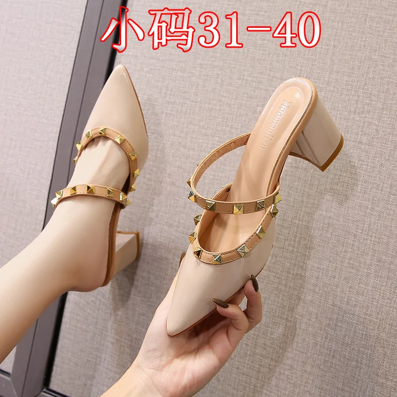 

Pointed toe small size sandals women's summer high heels thick heels semi-trail single shoes 2022 willow nails Baotou slippers