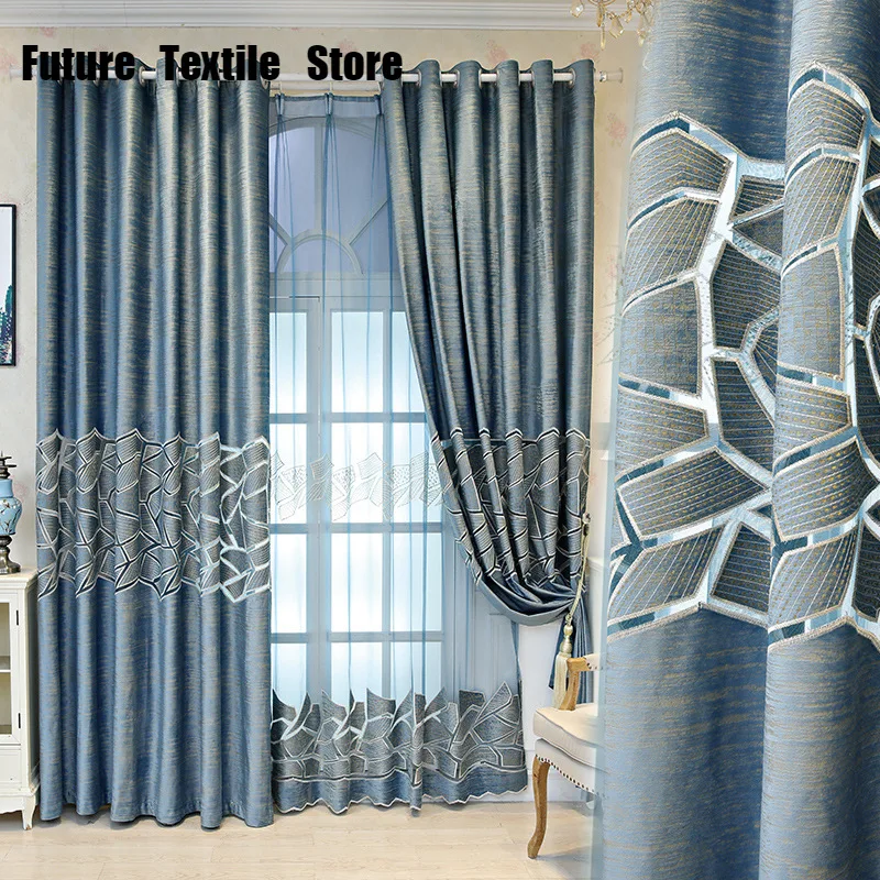 

Blue Champagne Bronzing Flannel Hollow Curtains for Living Room Bedroom Dining Room Window Screen Partition Curtain Custom