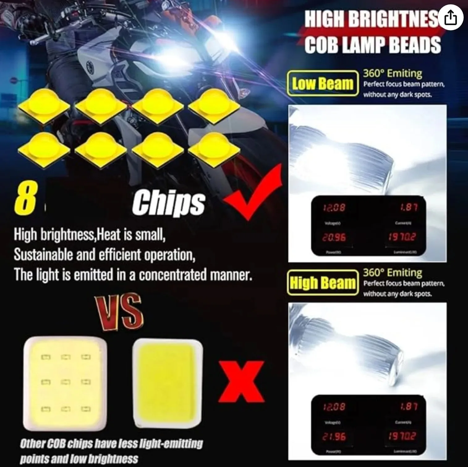 Фото Светодиодная лампа для мотоцикла H4 BA20D, 12-85В, 8xCSP LED чипов, белый свет, ближний/дальний свет, комплект для мотоциклов и автомобилей. №2
