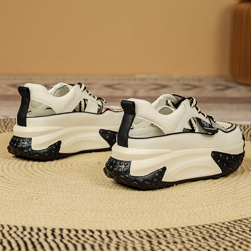 5CM Genuine Leather Comfy Hollow Sandals Breathable Rhinestones Deco Shoe Chunky Sneakers Spring Platform Wedge Women Shoes
