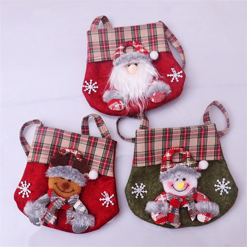

Рождественская сумка для конфет с мультяшным Санта-Клаусом, снеговиком, оленем, сумка из нетканого материала с клетчатым узором для новогодних подарков, сумка-тоут для конфет на Рождество