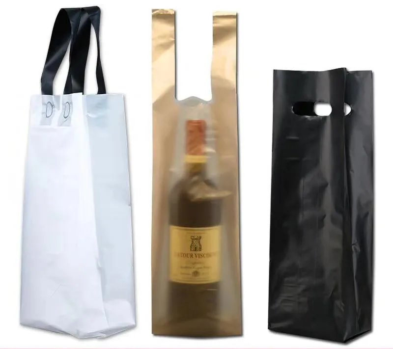 50pcs Gold Single Double Red Wine Handle Bag Plastic Strong Gift Tote Bag Beer Drink Packaging Box Champagne Bottle Gift Handbag