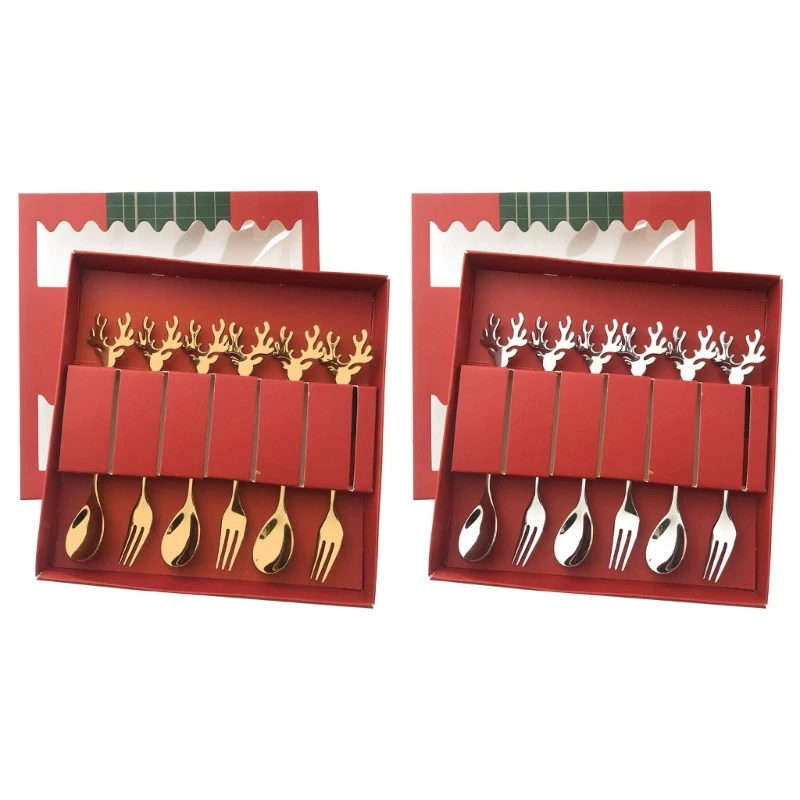 

Набор из 6 вилок для фруктов из нержавеющей стали, ложка для фруктов, маленькая вилка для фруктов, десертная ложка, вилки, Рождественская серия, 2 цвета