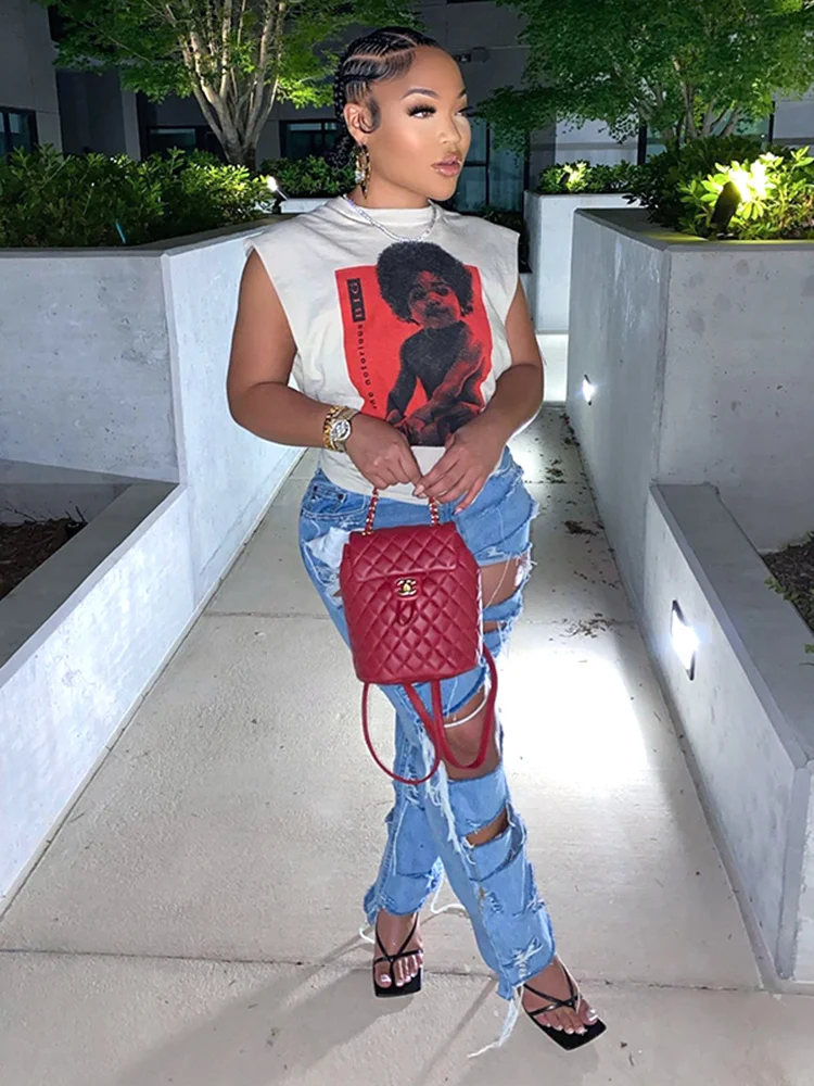 

Fashion women's 2023 summer new print loose sleeveless sports casual short top