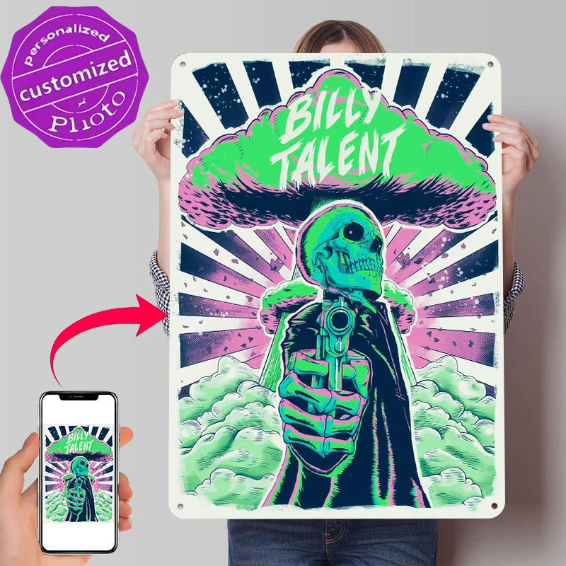 Фото Металлическая табличка-постер Billy Talent Skull With Gun: винтажный ретро-декор для фанатов, украшение для дома и рабочего стола №1