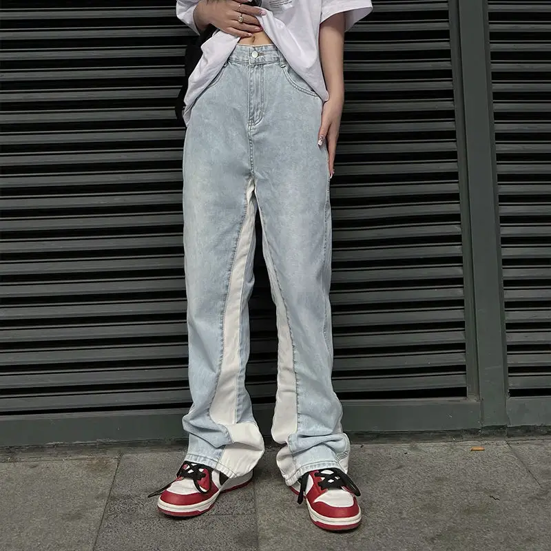 Baggy Jeans Men Fashion Side Stripes Aesthetic Jean Trousers Vaqueros Y2K Autumn Light Blue Distressed Straight Leg Denim Pants