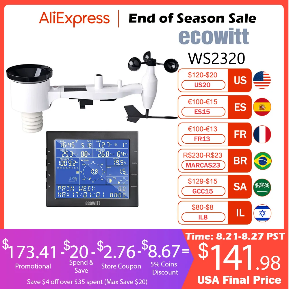 

Ecowitt WS2320 Wi-Fi Weather Station with Wireless Outdoor Solar Powered 7-in-1 Weather Sensor and LCD Console Display