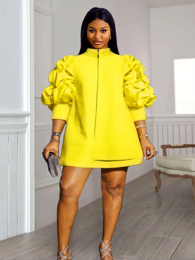 Plus Size 4XL Mini Shift Dress Women High Neck Puff Sleeve Zipper Robes Vintage Party Club Events Wear Trendy Fall Winter 2023