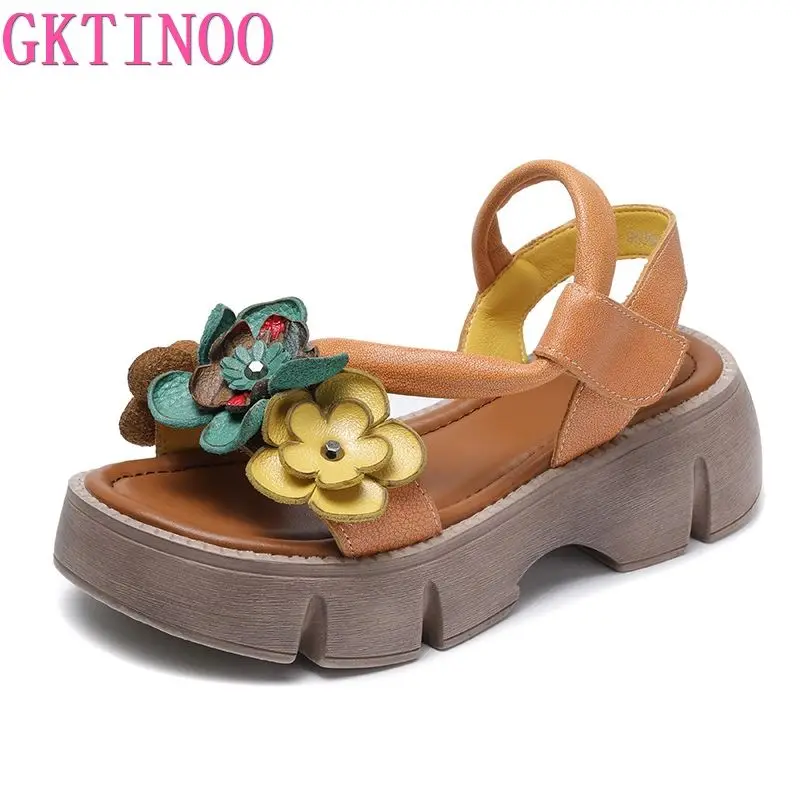 

GKTINOO 2023 Ethnic Style Comfortable High Heels Platform Genuine Leather Lady Shoes Flower Women Beach Summer Sandals
