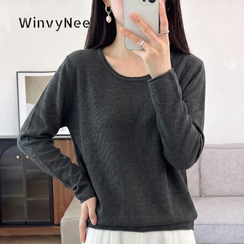 Фото Женский вязаный топ WinvyNee, 100% хлопок, круглый вырез, длинный рукав, свободный крой, приятный к телу, универсальная базовая одежда, повседневный стиль, модель ZA1002054. №4