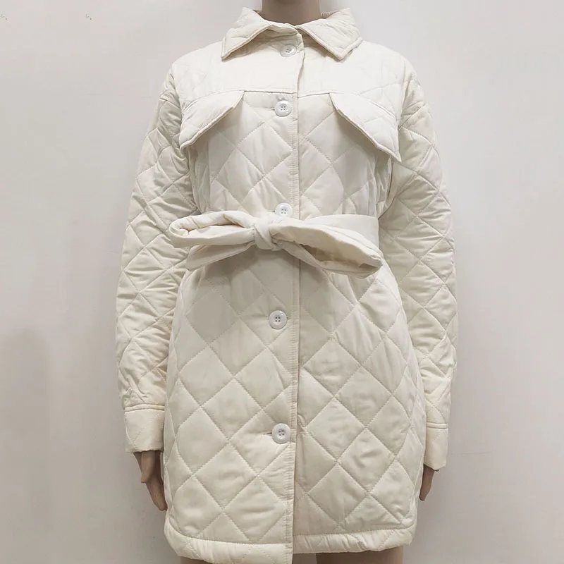 Ardm Casual Button-Up White Winter Jacket Women 2022 Long Sleeve Top Single Breasted With Belt Quilted Coats Cotton Outerwear