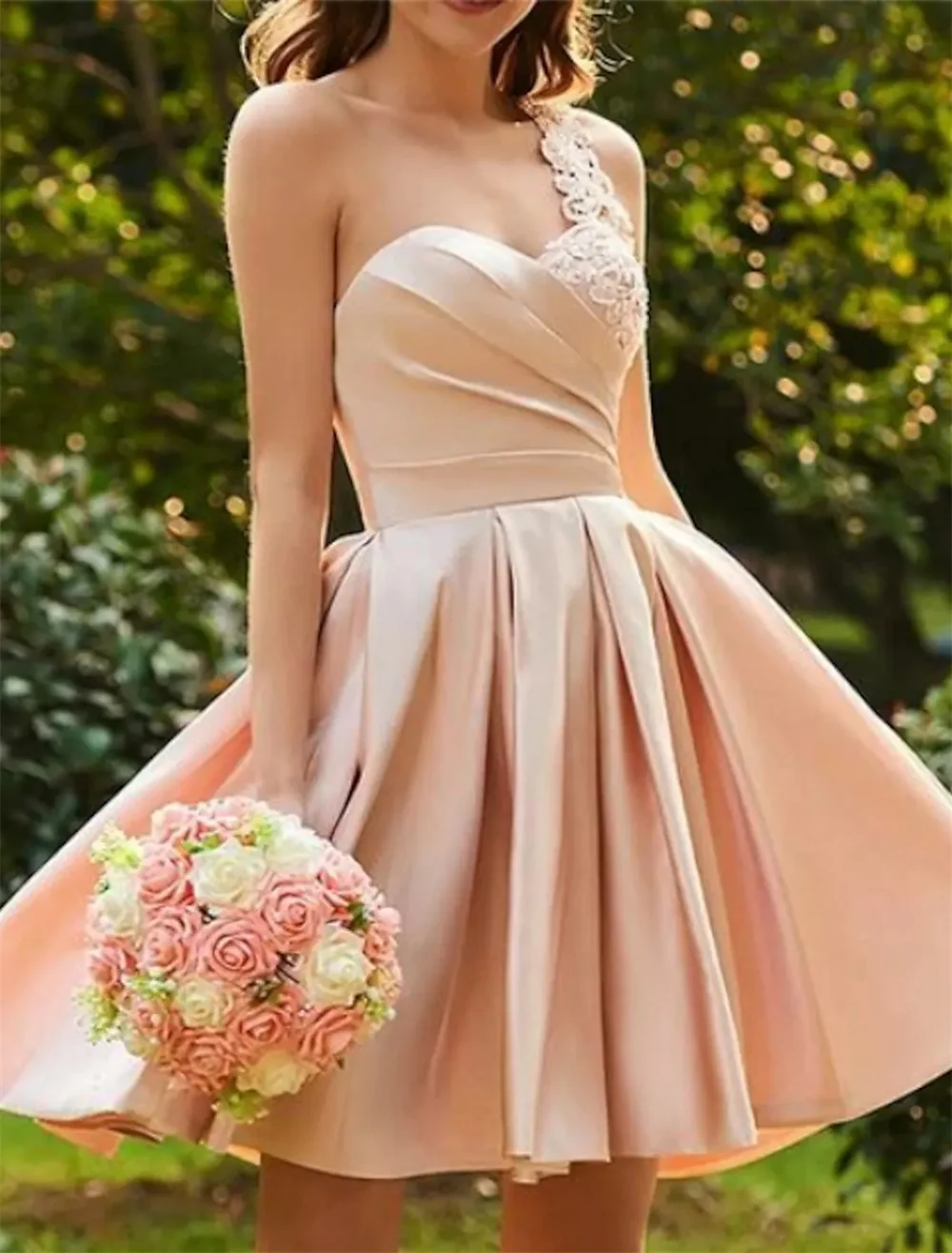 

A-Line Cocktail Dresses Hot Homecoming Short Mini Sleeveless One Shoulder Satin with Pleats Appliques Party vestidos de gala