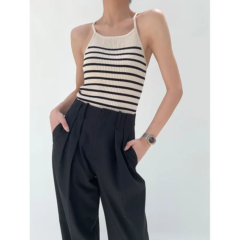 2024 весна-лето новый стиль разумная модная майка женская полосатая с открытой